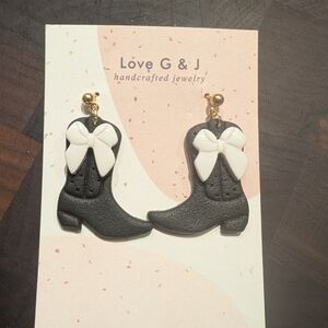 Black Boot Earrings with White Bow